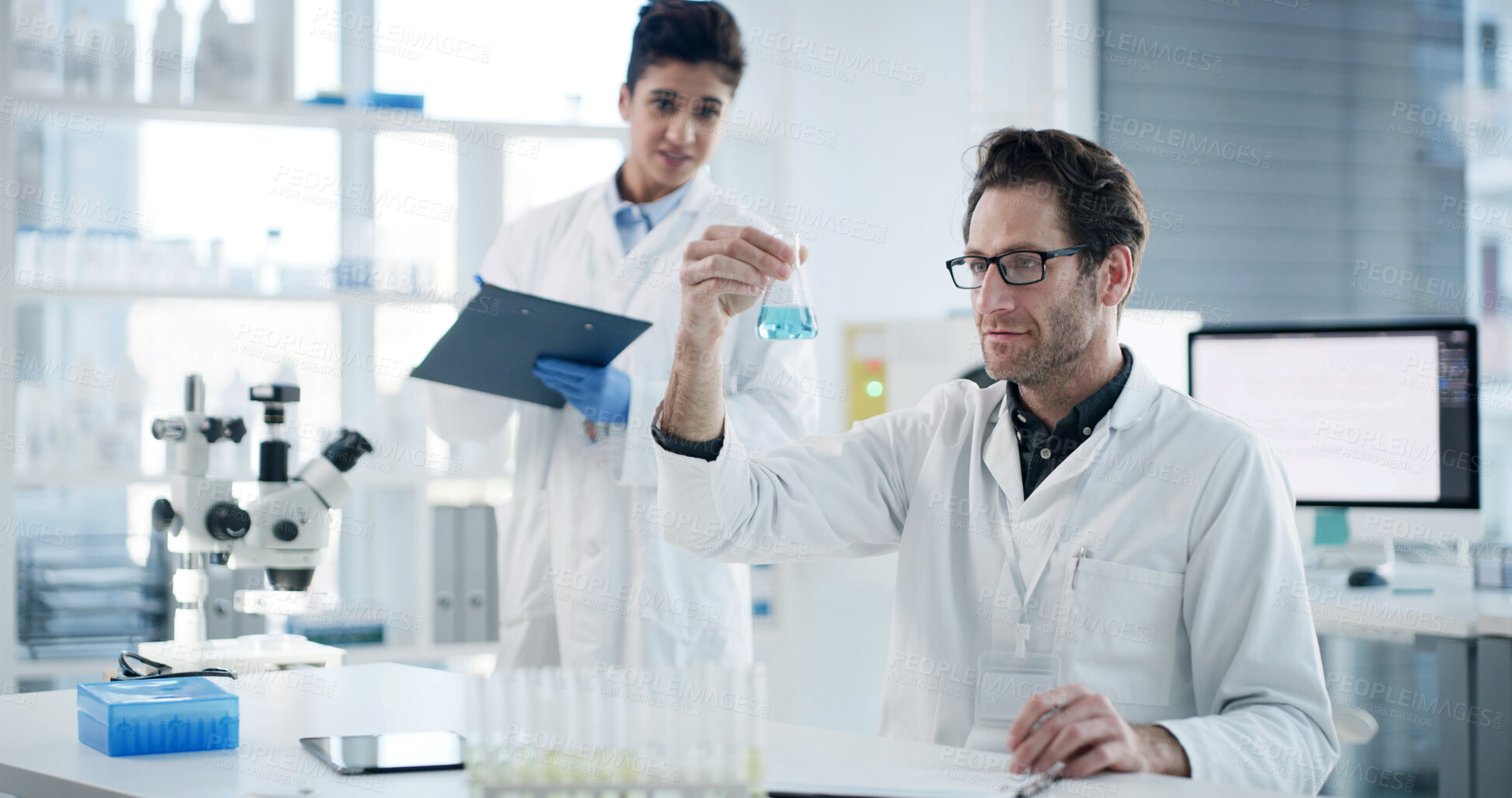 Buy stock photo Science, chemistry and team with people in laboratory for medical research, vaccine formula and test. Healthcare study, analysis and chemical solution with scientists in clinic for dna extraction