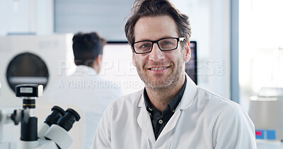 Buy stock photo Smile, portrait and science with man in laboratory for research, gene therapy and about us. Medical, microscope and vaccine trial with male person in clinic for healthcare study, doctor and pride