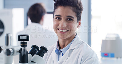 Buy stock photo Smile, portrait and science with woman in laboratory for research, gene therapy and happy. Medical, microscope and vaccine trial with person in clinic for healthcare study, innovation and pride