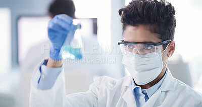 Buy stock photo Scientist, liquid and woman with beaker, drug solution and medical research for chemistry in laboratory. Sample, reaction discovery and doctor with fluid, experiment and PPE for synthesis or formula