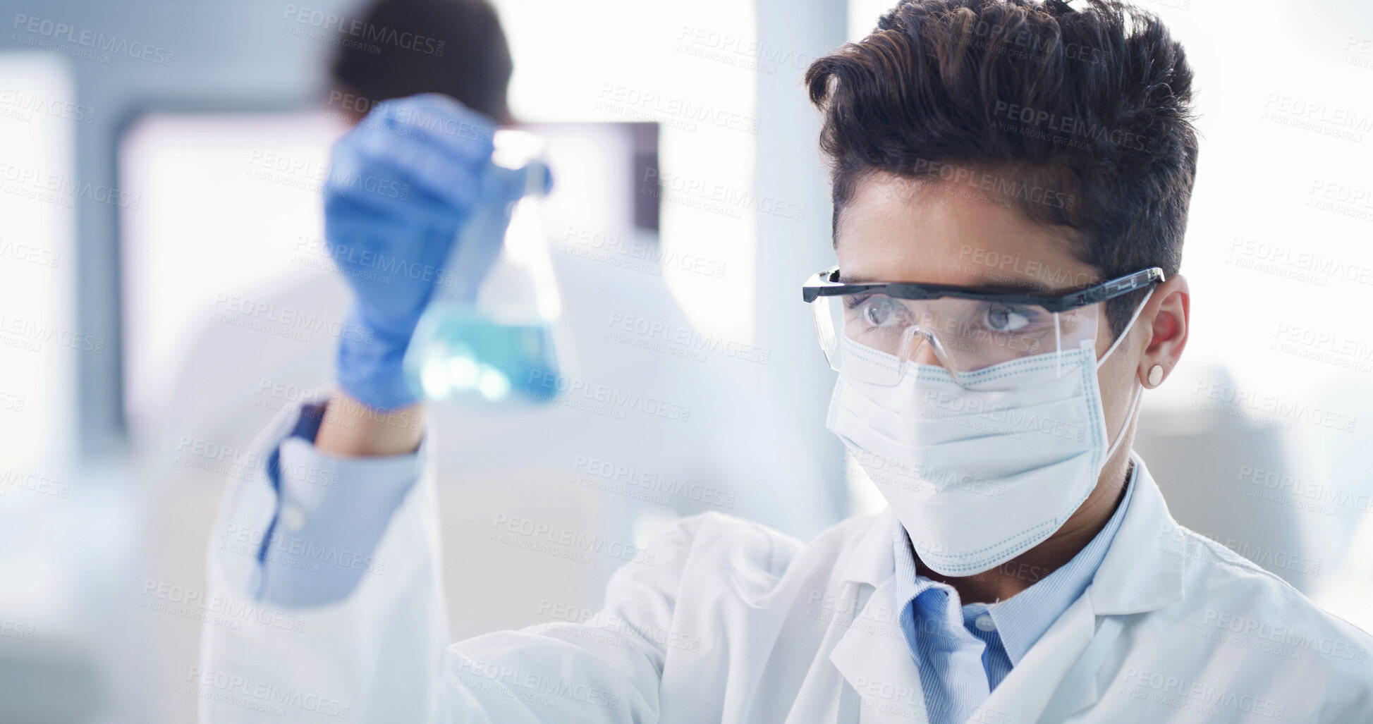 Buy stock photo Scientist, liquid and woman with beaker, drug solution and medical research for chemistry in laboratory. Sample, reaction discovery and doctor with fluid, experiment and PPE for synthesis or formula