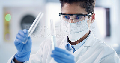 Buy stock photo Scientist, liquid and woman with test tube, drug solution and medical research for chemistry in laboratory. Sample, discovery and doctor with fluid, experiment and PPE for synthesis or formula