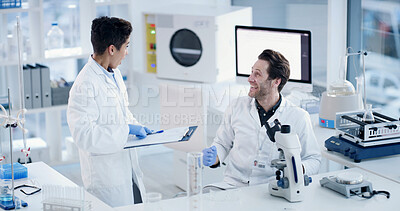 Buy stock photo Scientist, team and excited with clipboard at lab with smile, breakthrough or medical research for virus cure. Man, woman and goal with fist pump, success or pharma study for vaccine development