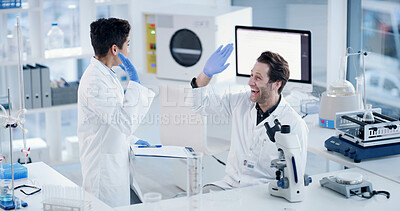 Buy stock photo Scientist, team and celebration with high five at lab with success, medical research or virus cure. Man, woman and clipboard with smile for goal, breakthrough or pharma study with vaccine development