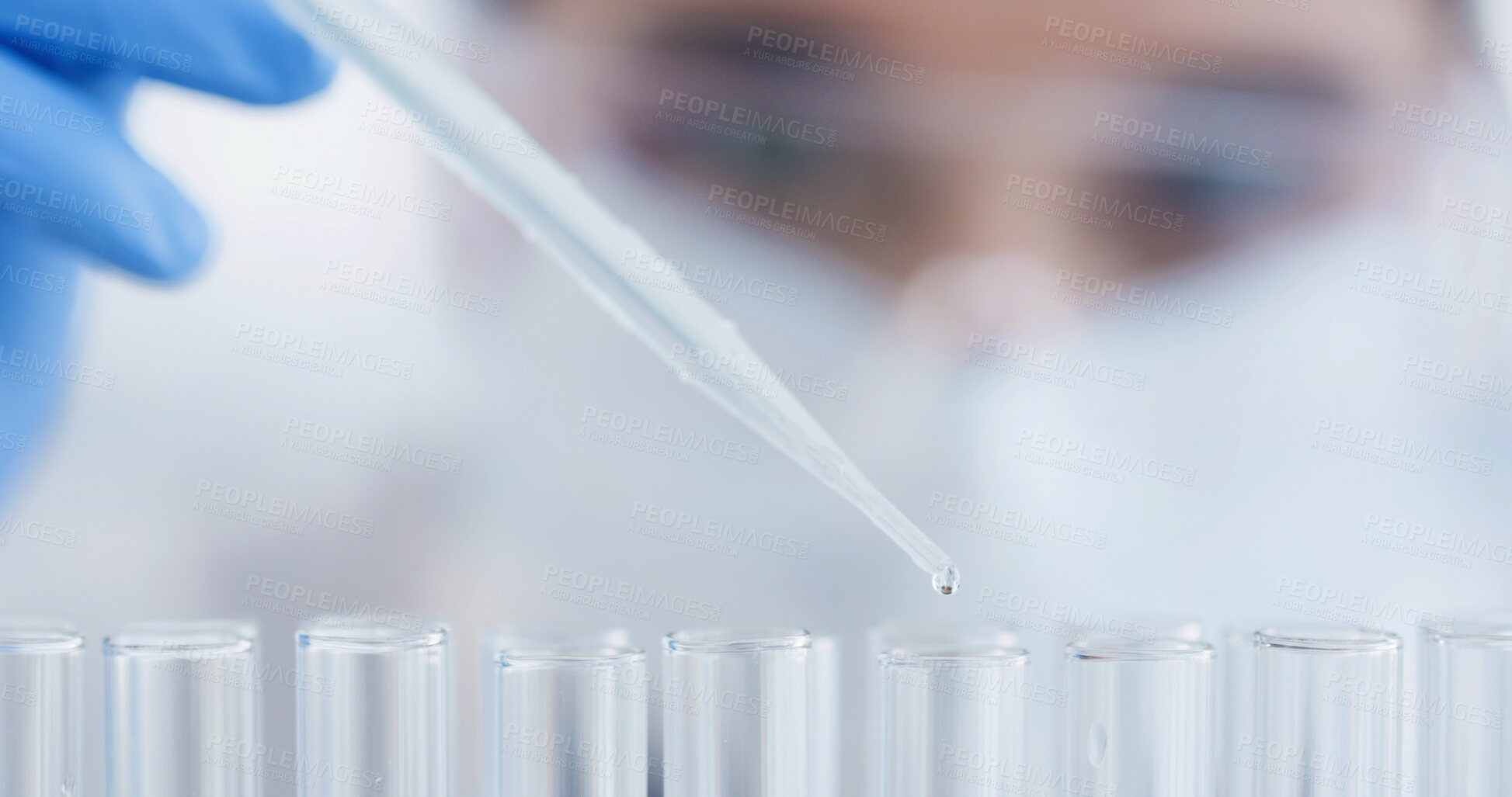 Buy stock photo Scientist, dropper and hand with test tube, drug solution and medical research for chemistry in laboratory. Sample, vial and man with tool, experiment and flask for synthesis with biotechnology