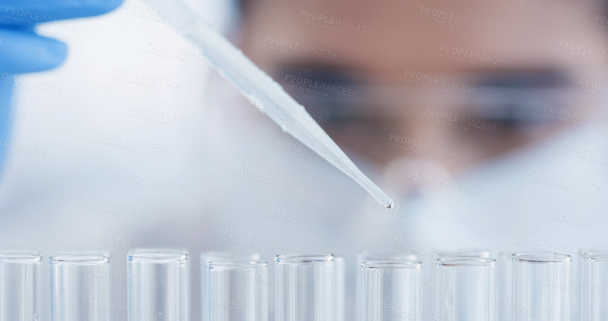 Buy stock photo Scientist, pipette and hand with test tube, drug solution and medical research for chemistry in laboratory. Sample, vial and person with dropper, experiment and flask for synthesis with biotechnology