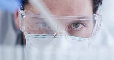Buy stock photo Scientist, pipette and man with glasses, drug solution and medical research for chemistry in laboratory. Sample, vial and doctor with dropper, experiment and PPE for synthesis with biotechnology