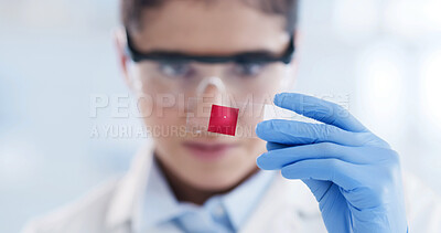Buy stock photo Science, blood and sample with woman in laboratory for medical research, vaccine formula and test. Healthcare study, analysis and chemical solution with scientist in clinic for dna extraction