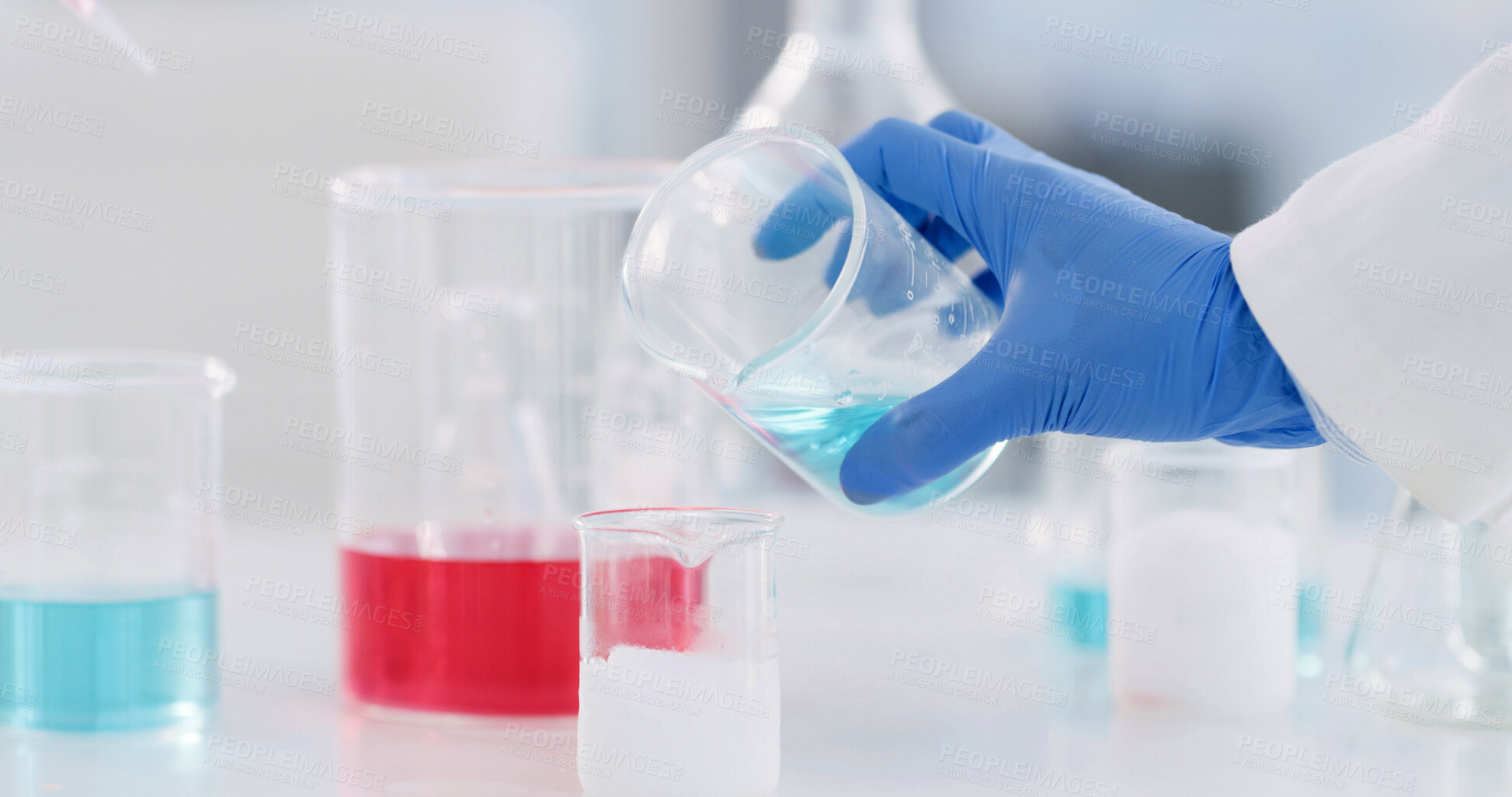 Buy stock photo Scientist, liquid and hands of person with beaker, drug solution and medical research for chemistry in laboratory. Sample, discovery and doctor with fluid, experiment and PPE for synthesis or formula