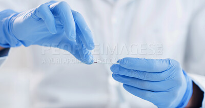 Buy stock photo Science, blood sample and hands of person in laboratory for medical research, vaccine formula and test. Healthcare study, analysis and chemical solution with scientist in clinic for dna extraction