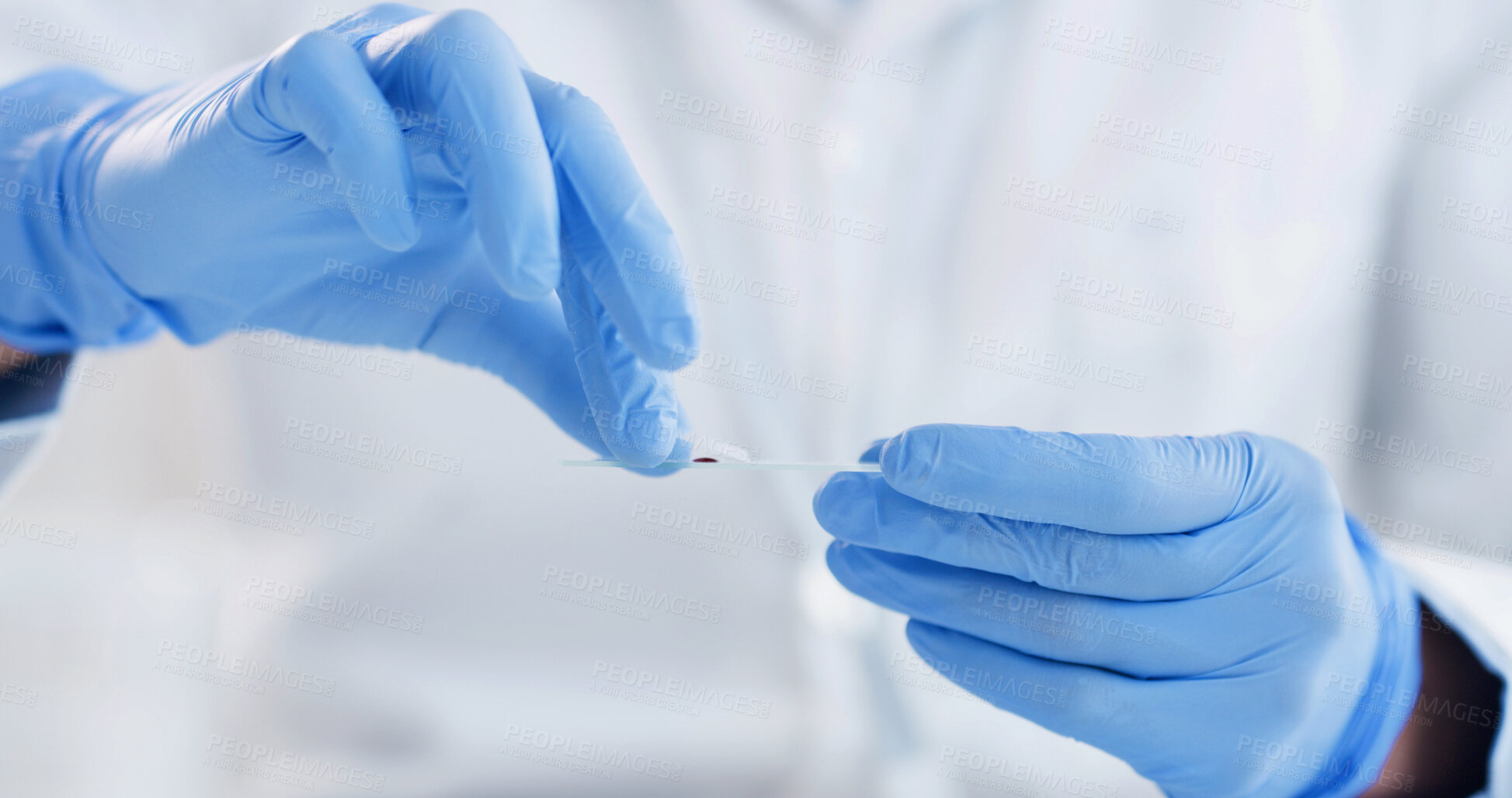 Buy stock photo Science, blood sample and hands of person in laboratory for medical research, vaccine formula and test. Healthcare study, analysis and chemical solution with scientist in clinic for dna extraction