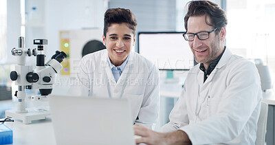 Buy stock photo People, scientist and laptop at laboratory with team, smile and progress report for medical research. Happy man, woman and computer pharmaceutical study with feedback, review and vaccine development