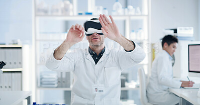 Buy stock photo Man, scientist and goggles for virtual reality at lab with iot, futuristic medical research or virus cure. People, science and ar headset with metaverse, hands or pharma study for vaccine development