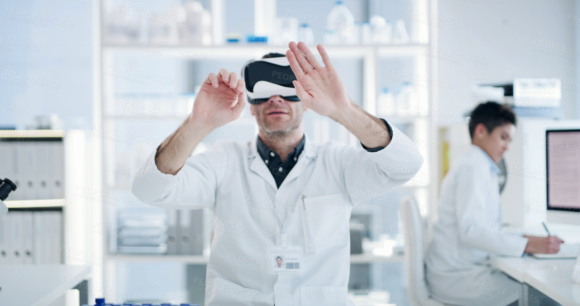 Buy stock photo Man, scientist and goggles for virtual reality at lab with iot, futuristic medical research or virus cure. People, science and ar headset with metaverse, hands or pharma study for vaccine development