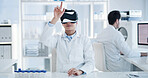 Lab, scientist and man with Vr glasses, pointing and futuristic tech for medical research and study. Science, innovation and person with eyewear for 3D vision, virtual reality or metaverse in clinic