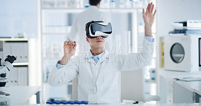 Buy stock photo Lab, scientist and man with Vr glasses, vision and futuristic tech for medical research and pointing. Science, innovation and person with eyewear for virtual reality, medicine or metaverse in clinic