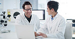 Scientist, team and happy with laptop in lab for experiment results, medical research or innovation. Science, people or smile with tech at work for vaccine development, clinical trial or breakthrough