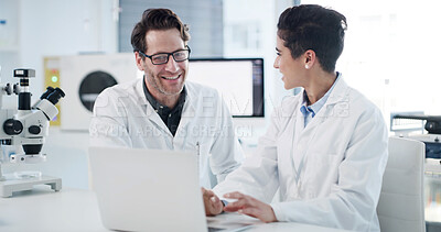 Buy stock photo Scientist, team and happy with laptop in lab for experiment results, medical research or innovation. Science, people or smile with tech at work for vaccine development, clinical trial or breakthrough