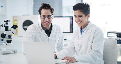 Buy stock photo Scientist, team and smile with laptop in lab for experiment results, medical research or innovation. Science, people or happy with tech at work for vaccine development, clinical trial or breakthrough