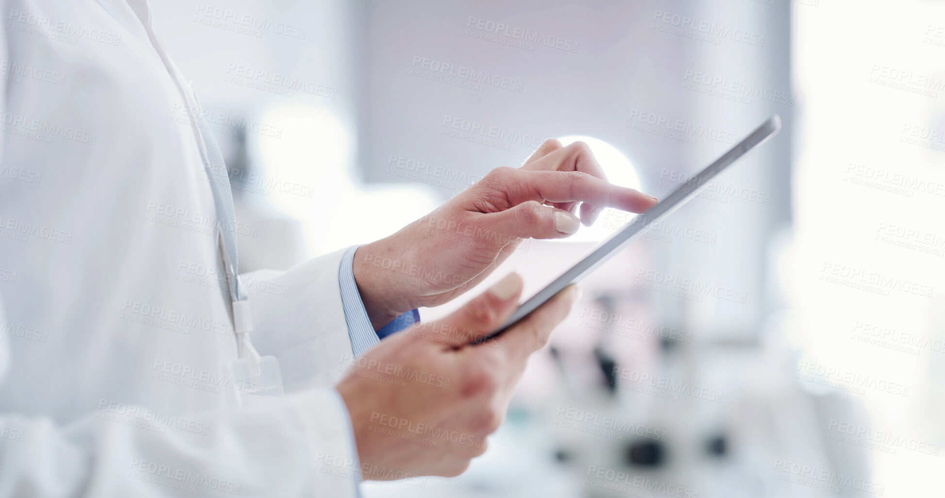 Buy stock photo Science, medical research and hands with tablet, lab and study for drug development or biotechnology. Clinic, scientist and person with tech for disease cure, online and scroll for innovation on web