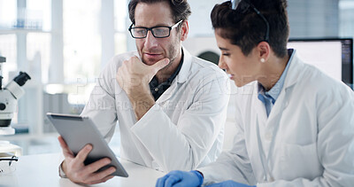Buy stock photo Scientist, tablet and people with medical research, advice and healthcare notes in laboratory. Discussion, doctor and report with chemist, test results or development for study or experiment planning
