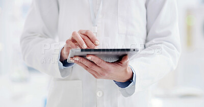 Buy stock photo Tablet, science and hands of person in laboratory for medical, healthcare or pharmacy innovation. Synthetic stem cell report, scroll and online exam results with scientist and research breakthrough