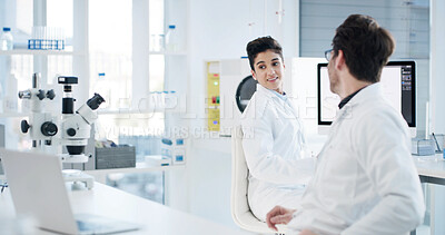 Buy stock photo Science, laptop and team with people in laboratory for medical research, vaccine review or planning. Healthcare study, online report and partner with scientists in clinic for biotechnology discussion