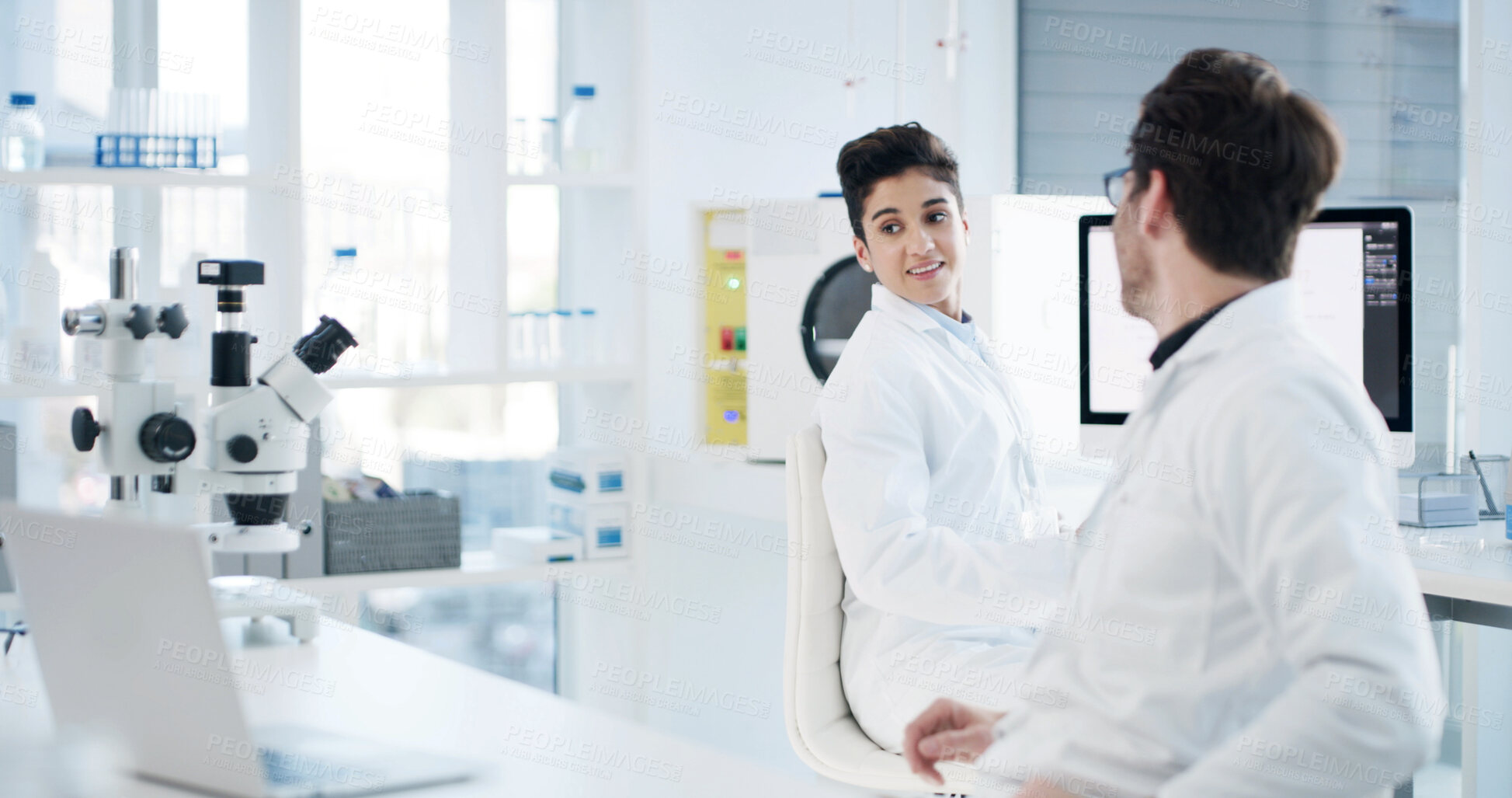 Buy stock photo Science, laptop and team with people in laboratory for medical research, vaccine review or planning. Healthcare study, online report and partner with scientists in clinic for biotechnology discussion