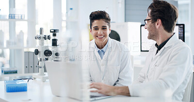 Buy stock photo Laptop, research and team with people in laboratory for results, gene therapy or medical. Science sample, dna sequence editor and vaccine trial with scientist in clinic for healthcare, study or smile