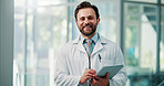 Portrait, man and doctor with tablet in hospital for career pride, about us and medical results. Smile, male person and digital with ambition, healthcare services and Telehealth with surgery schedule