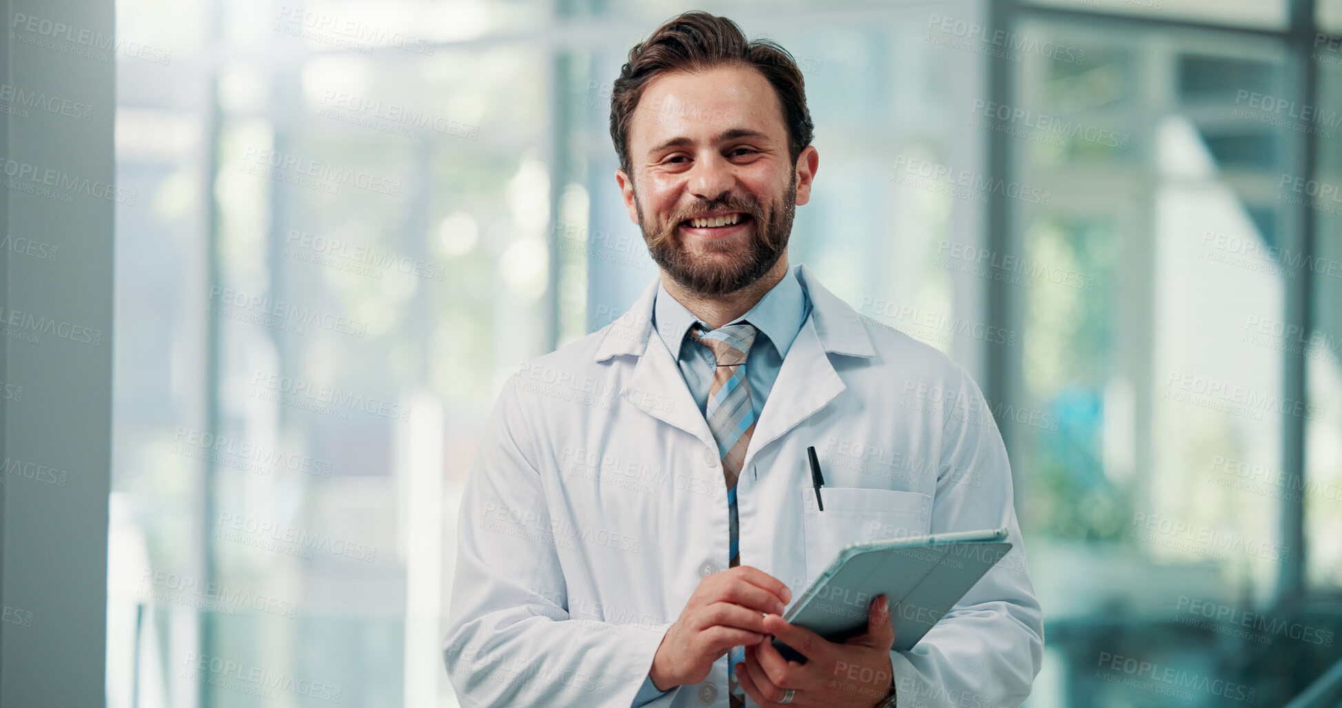 Buy stock photo Portrait, man and doctor with tablet in hospital for career pride, about us and medical results. Smile, male person and digital with ambition, healthcare services and Telehealth with surgery schedule