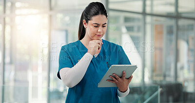 Buy stock photo Tablet, woman and nurse in hospital for thinking with medical research, telehealth or online support. Ideas, digital technology and female healthcare worker with surgery schedule in clinic hallway.