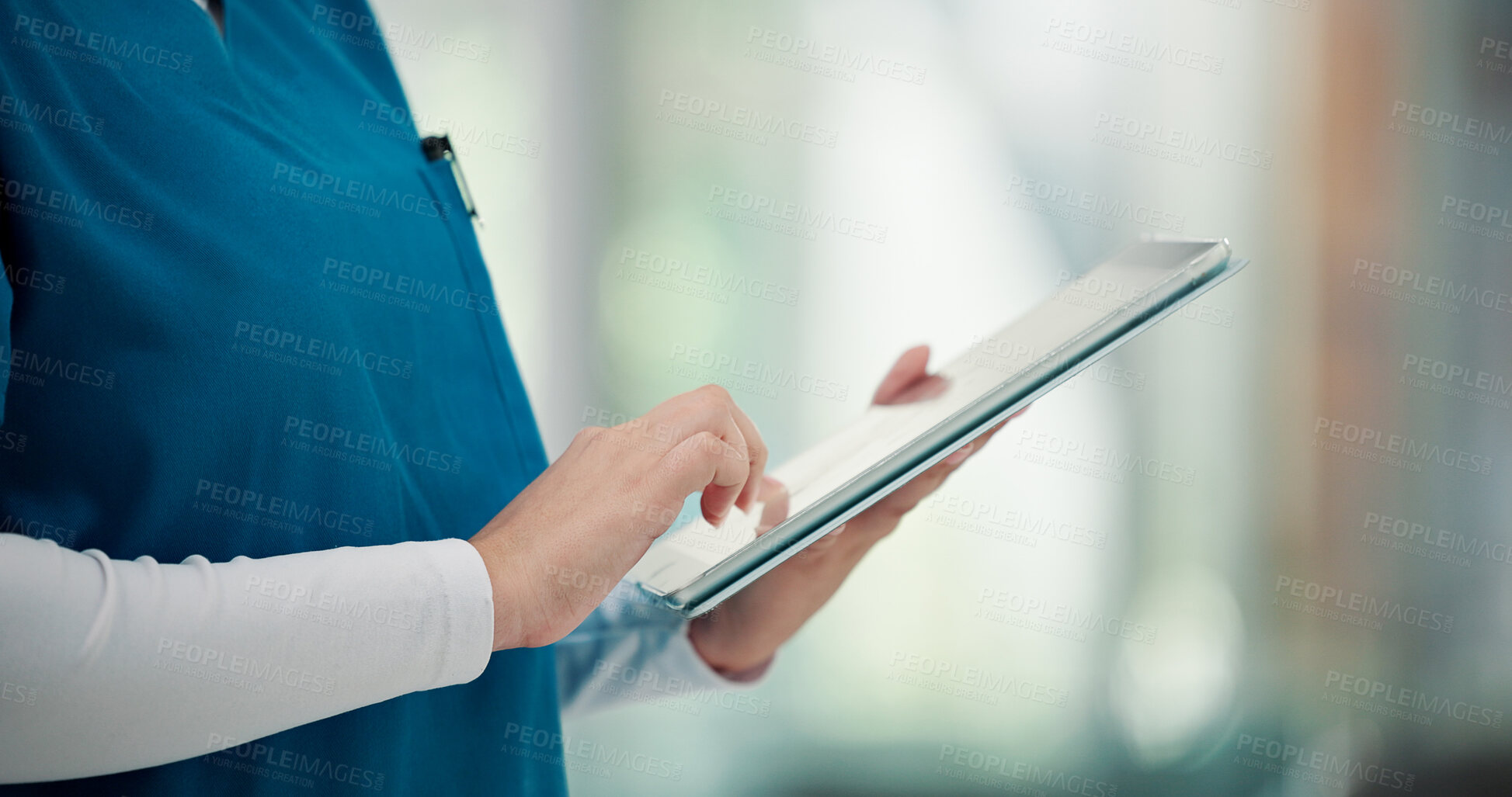 Buy stock photo Healthcare, hands and nurse with tablet in clinic for medical report, online results or surgery schedule. Health professional, person and tech for hospital database, insurance info or patient records