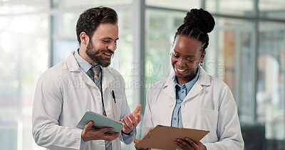 Buy stock photo Talking, hospital and people on tablet and paperwork for patient results, diagnosis and medical advice. Healthcare, team and man and woman on digital tech for research, meeting and treatment plan