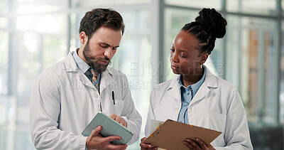 Buy stock photo Meeting, hospital and people with tablet and clipboard for patient results, diagnosis and medical advice. Healthcare, clinic and man and woman on digital tech for research, surgery and treatment plan