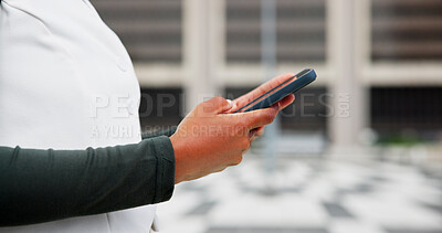 Buy stock photo Outdoor, person and hands with mobile for networking, typing business email and online communication. City, texting or employee with phone for social media app, browsing internet or digital work chat