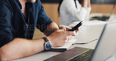 Buy stock photo Man, hands and phone in office with laptop, text message and email for social media marketing campaign. Creative, person and coworking with computer, tech and notification for digital advertising.