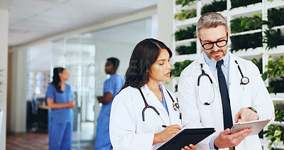 Buy stock photo Hospital, meeting and doctors on tablet with medical report, patient results and treatment plan. Healthcare, collaboration and man and woman on tech for research, surgery schedule or diagnosis advice