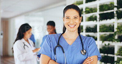 Buy stock photo Doctor, woman and smile with arms crossed in clinic for pediatric help, medical service or about us. Healthcare staff, happy pediatrician and portrait in hospital for career trust or health integrity