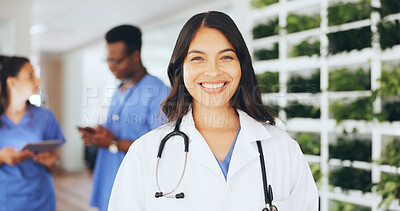 Buy stock photo Doctor, woman and happy with portrait in clinic for medical support, career pride and about us. Healthcare staff, cardiologist or smile in hospital for health integrity, professional service or trust