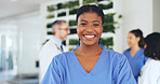 Nurse, woman and happy with portrait in clinic for medical help, career integrity and about us. Healthcare staff, person and smile in hospital for health support, professional service and confidence