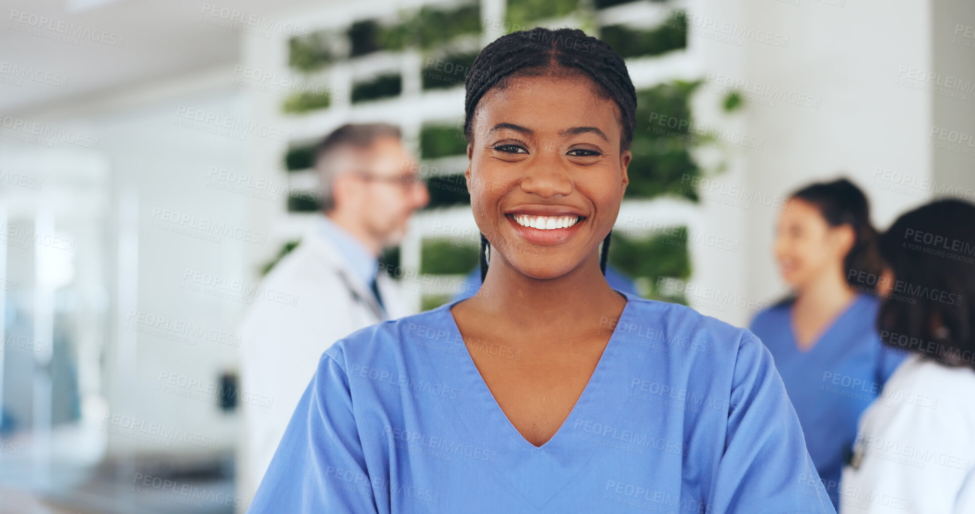 Buy stock photo Nurse, woman and happy with portrait in clinic for medical help, career integrity and about us. Healthcare staff, person and smile in hospital for health support, professional service and confidence