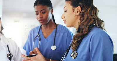 Buy stock photo Woman, doctors and discussion with team at hospital for planning, strategy and insight for healthcare. People, group and medical professional with talk, feedback or solution with services at clinic