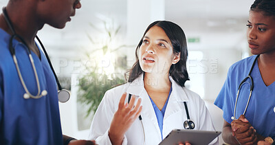 Buy stock photo Hospital, meeting and doctor with team on tablet for report, patient results and treatment plan. Healthcare, collaboration and man and women on tech for medical research, surgery schedule or feedback