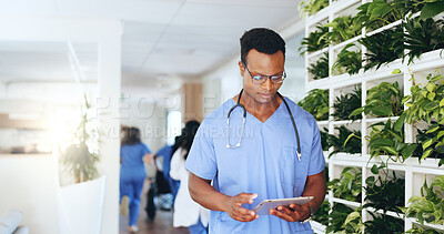 Buy stock photo Doctor, healthcare and man with tablet in clinic for cardiac diagnostics, ECG results and telehealth. Medical staff, cardiologist and tech in hospital to review EHR records and patient health report