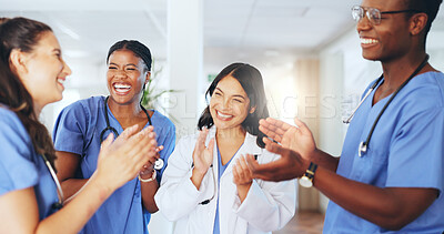 Buy stock photo Applause, team and happy with doctors in hospital for good news, healthcare promotion and support. Medical achievement, collaboration and bonus with group of people in clinic for celebration