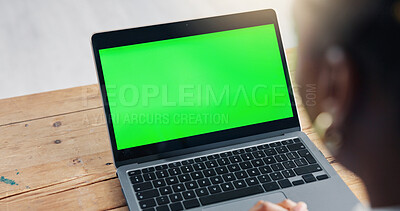 Buy stock photo Hands, green screen and woman with laptop, internet and website info for financial report. Pc, person and investor in office, mockup space and research for company audit and email for investment deal