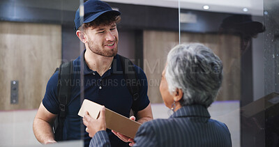 Buy stock photo Box, delivery man and happy with client in office for package distribution, stock order or logistics. Mature person, male courier and smile with parcel for supply chain, transport service or shipping