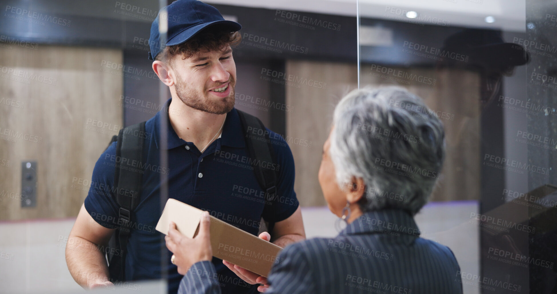 Buy stock photo Box, delivery man and happy with client in office for package distribution, stock order or logistics. Mature person, male courier and smile with parcel for supply chain, transport service or shipping