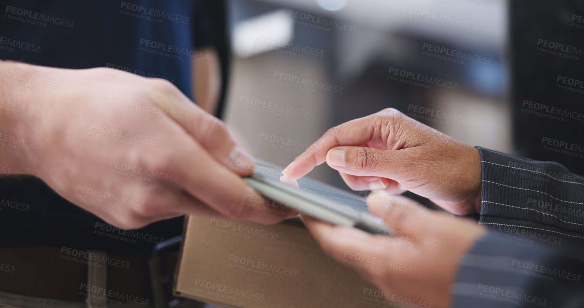 Buy stock photo Hands, tablet and sign for delivery package with order confirmation, shipment POD or supply chain. Logistics, people and parcel with digital signature for courier service, online shopping or approval